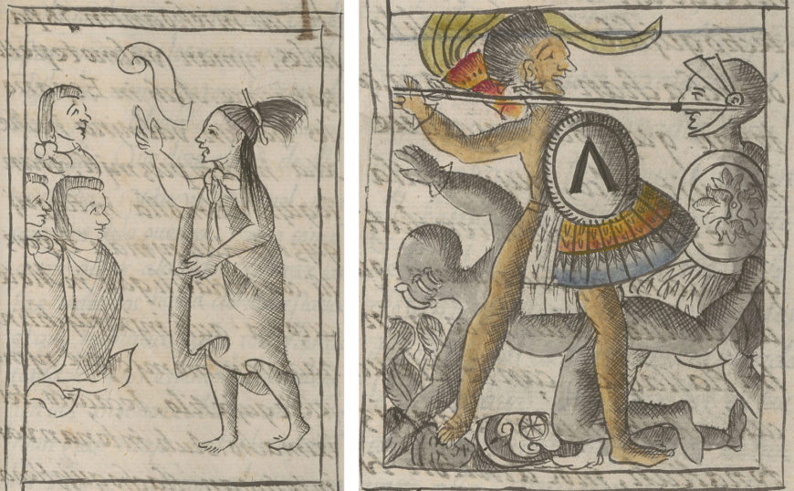 Mexica man calling warriors to action and Mexica warrior battling Spaniards in Book 12 of the Florentine Codex (“Of the Conquest of New Spain”). Ms. Mediceo Palatino 220, 1577, fol. 34 (details). Courtesy of the Biblioteca Medicea Laurenziana, Florence, and by permission of MiBACT