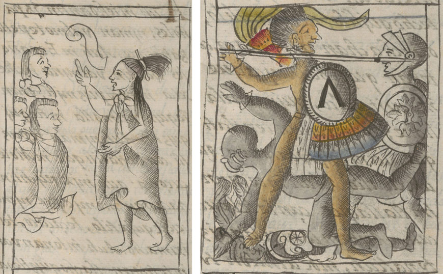 Hombre mexica llamando a guerreros a la acción y guerrero mexica batallando a españoles en el Libro 12 del Códice Florentino (“De la conquista de la Nueva España”). Dña. Mediceo Palatino 220, 1577, fol. 34 (detalles). Cortesía de la Biblioteca Medicea Laurenziana, Florencia, y con permiso de MiBact