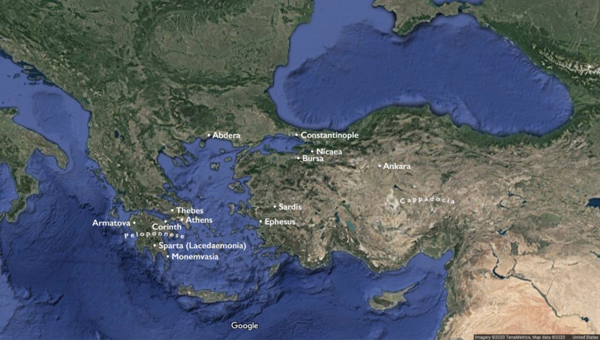 Evidence of secular architecture and urban planning in Middle Byzantium (underlying map © Google)