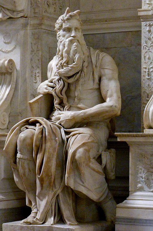 Michelangelo Buonarroti, Moisés, 1513-15, mármol de Carrara, 254 cm (8 pies, 3 pulgadas) de alto, Tumba del Papa Julio II (della Rovere), 1505-45, San Pietro in Vincoli, Roma (foto: Jörg Bittner Unna, CC BY 3.0)