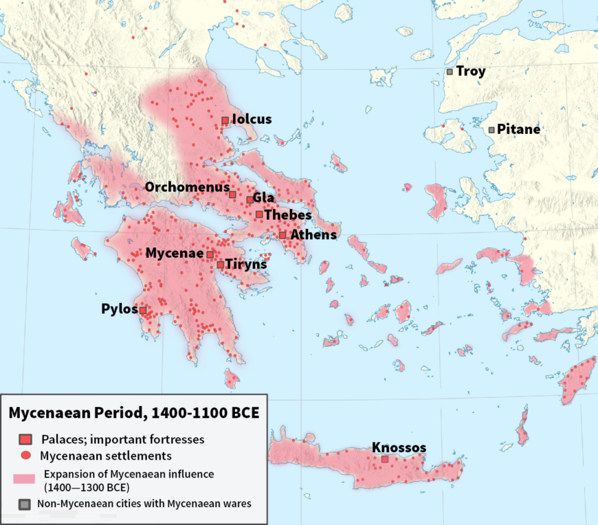 Map of Mycenaean Greece 1400-1200 BC: Palaces, main cities and other settlements.