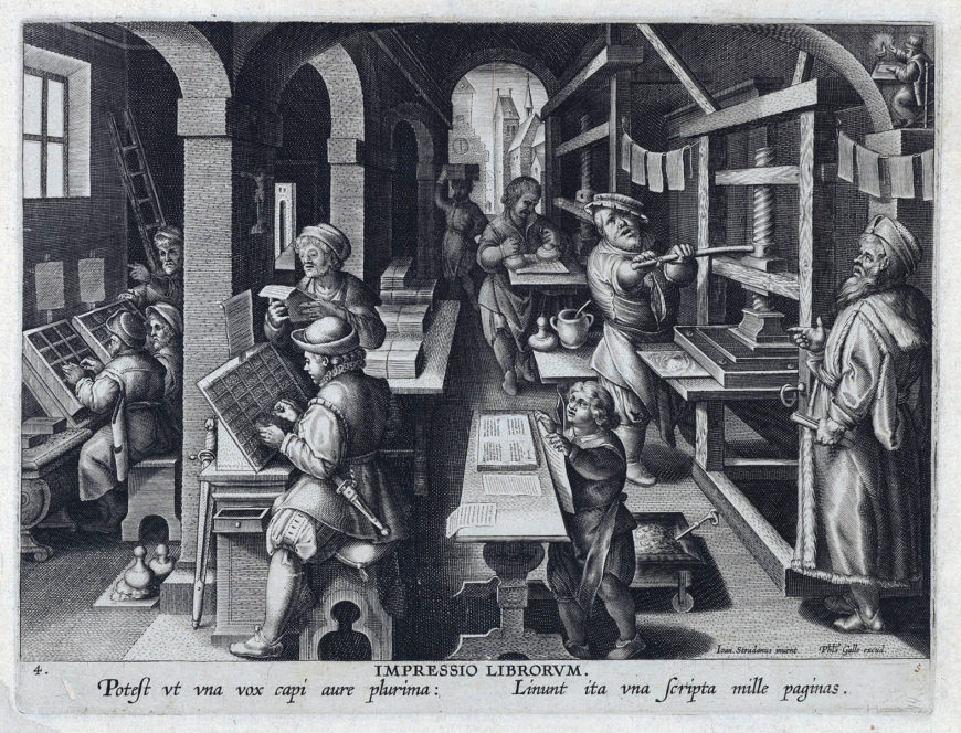 Jan Collaert I after Joannes Stradanus, New Inventions of Modern Times, The Invention of Book Printing, plate 4, c. 1600, engraving on paper, 27 x 20 cm (The Metropolitan Museum of Art)
