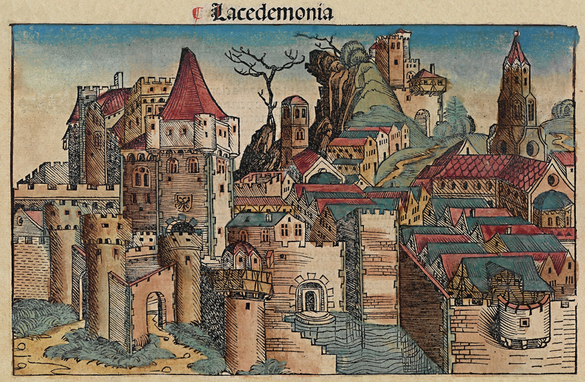 Imagined view of Sparta, known as Lacedemonia during the Byzantine era, <a class="nolightbox" href="https://commons.wikimedia.org/wiki/File:Nuremberg_chronicles_-_f_28v.png" target="_blank" rel="noopener noreferrer">Nuremberg Chronicle</a>, 1493