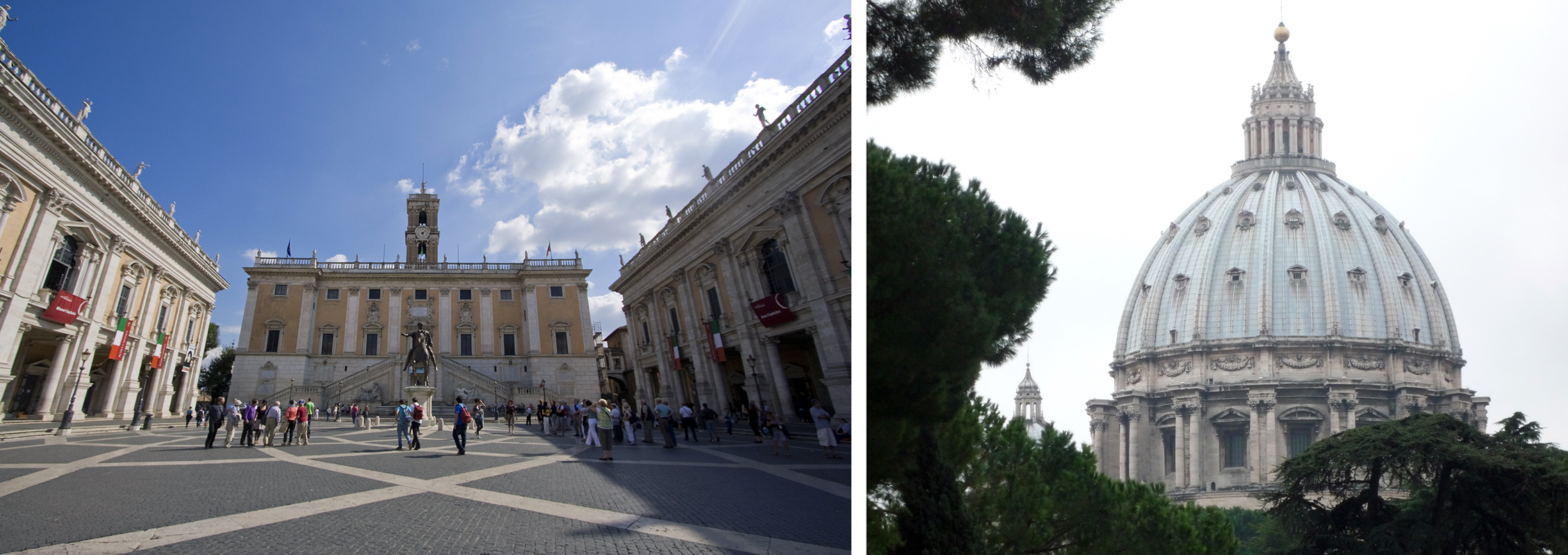Left: Michelangelo, Piazza and palazzi of the Capitoline Hill, Rome, 1536–1546 (photo: Lawrence OP, CC BY-NC-ND 2.0); Right: Michelangelo, Dome of St. Peter’s Basilica, Vatican City, Rome, 1546–1564 (photo: Steven Zucker, CC BY-NC-SA 2.0)