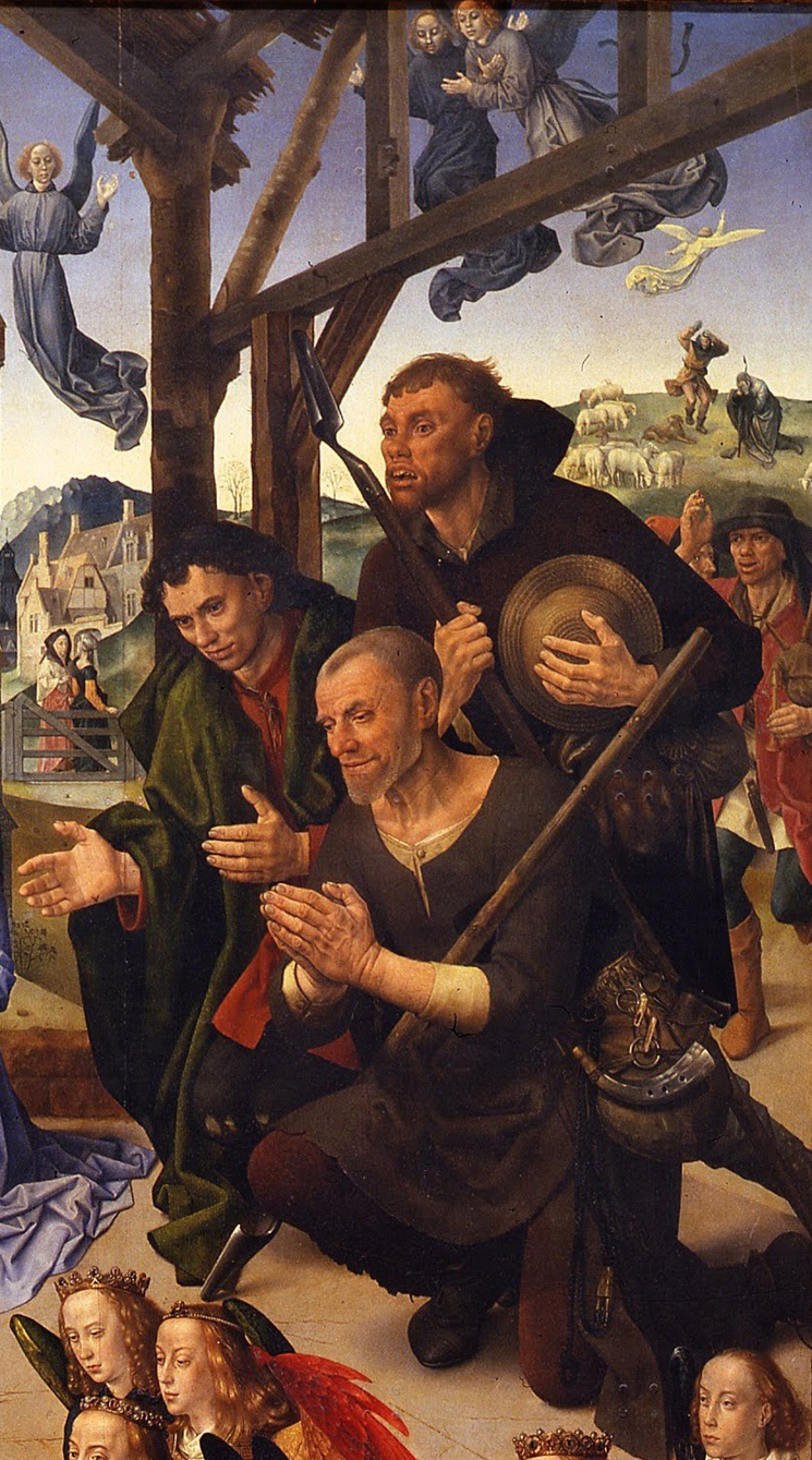 Hugo van der Goes, Portinari Altarpiece, detail of shepherds, c. 1476, oil on wood, 274 x 652 cm when open (Uffizi)