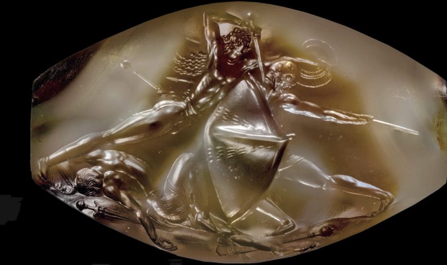 Two warriors in hand-to-hand combat, Pylos Combat Agate, discovered in a tomb near the Palace of Nestor in Pylos, c. 1450 B.C.E.