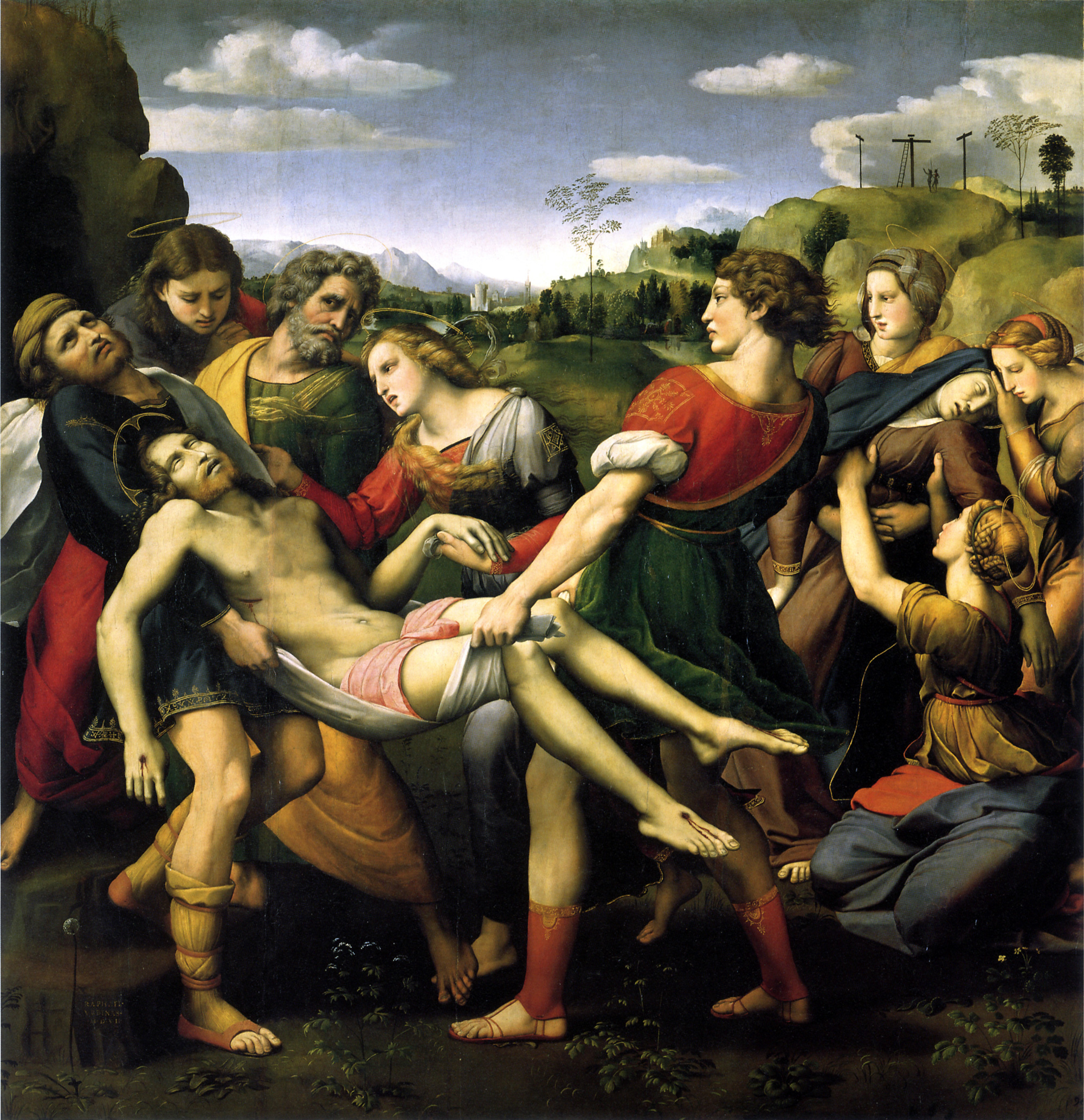 Raphael, Entombment, Created for Atalanta Baglioni’s chapel, S. Francesco al Prato, Perugia, 1507, oil on panel, 184 x 176 cm (Galleria Borghese)