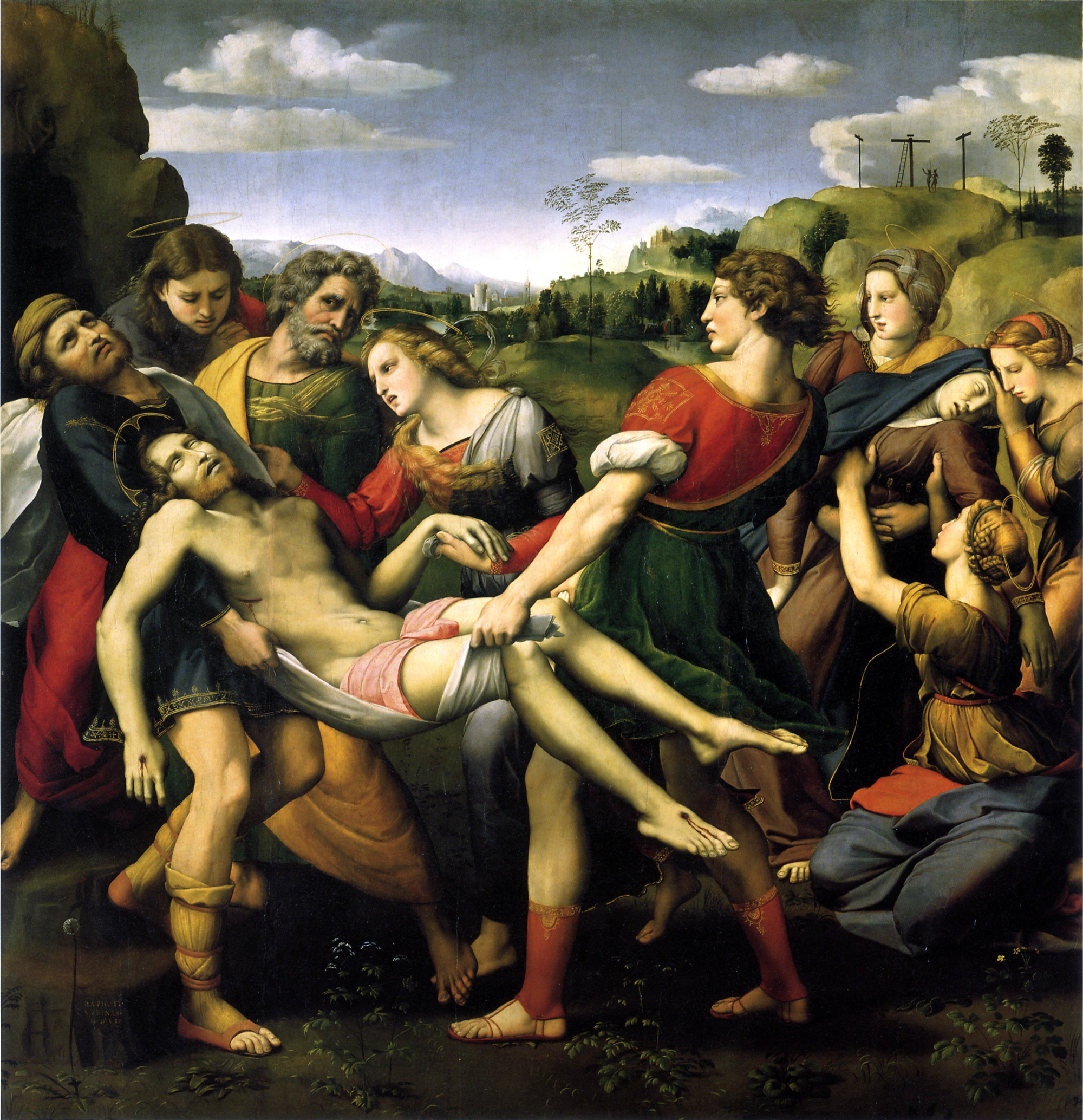 Rafael, Entimiento, Creado para la capilla de Atalanta Baglioni, S. Francesco al Prato, Perugia, 1507, óleo sobre tabla, 184 x 176 cm (Galleria Borghese)