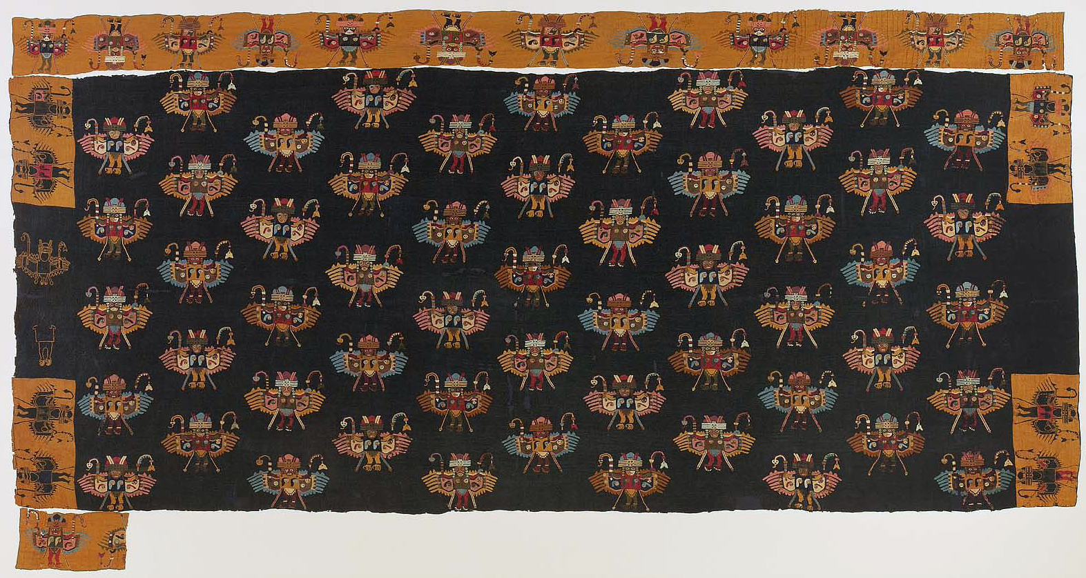 Man's mantle and two border fragments, Paracas, 50–100 C.E., wool plain weave, embroidered with wool, 101 x 244.3 cm (Museum of Fine Arts, Boston)