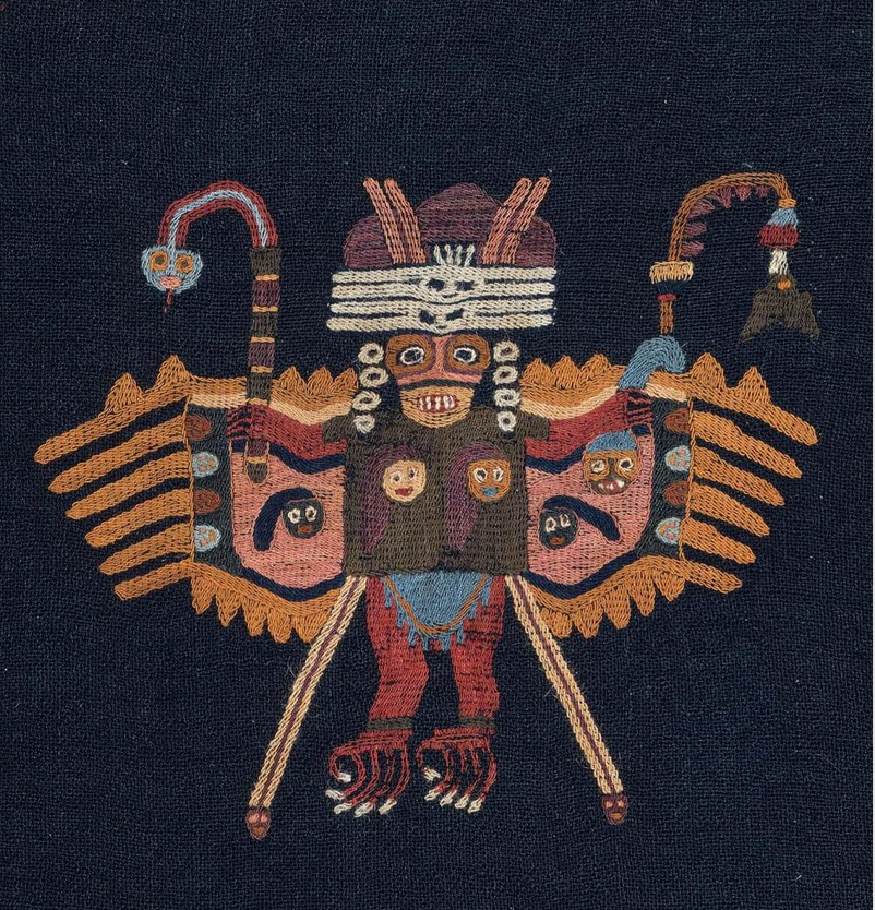 Detail, Man's mantle and two border fragments, Paracas, 50–100 C.E., wool plain weave, embroidered with wool, 101 x 244.3 cm (Museum of Fine Arts, Boston)