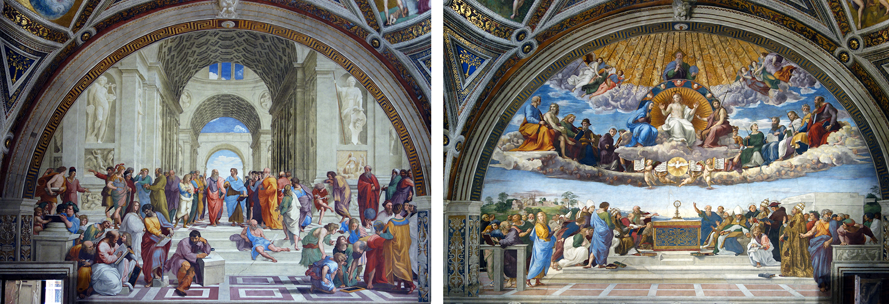 Rafael, Escuela de Atenas (izquierda) y Disputà (derecha), fresco, 1509-1511 (Stanza della Segnatura, Palacio Papal, Vaticano)