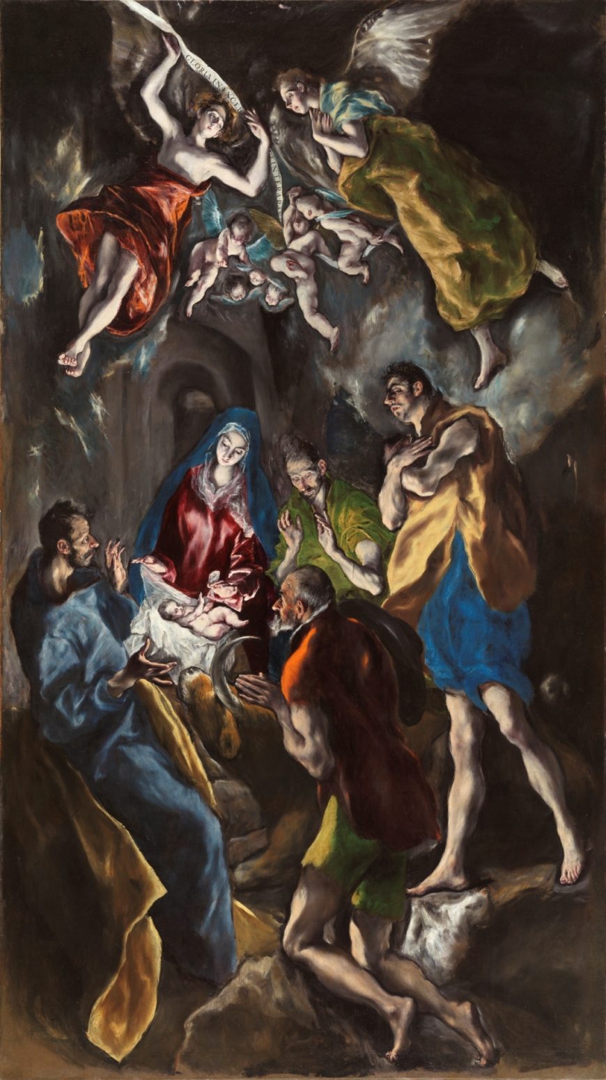 El Greco (Domenikos Theotokopoulos), Adoration of the Shepherds, ca. 1612 – 1614, oil on canvas, 126 x 71″ / 319 x 180 cm (Museo Nacional del Prado, Madrid) 