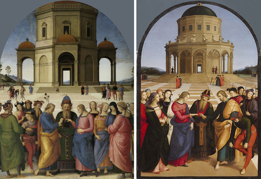  Left: Perugino, Marriage of the Virgin, 1500-1504, oil on wood, 234 x 185 cm (Musée des Beaux-Arts, Caen); right: Raphael, Marriage of the Virgin, 1504, oil on panel, 174 × 121 cm / 69 × 48″ (Pinacoteca di Brera, Milan)
