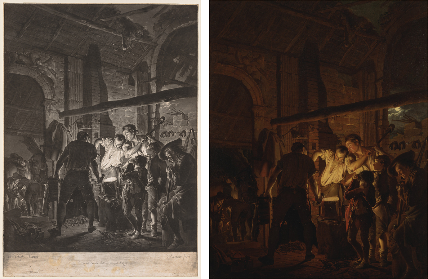 Left: Richard Earlom after Joseph Wright of Derby, The Blacksmith Shop, 1771, mezzotint ii/ii (Cleveland Museum of Art, Cleveland); Right: Joseph Wright of Derby, The Blacksmith Shop, 1771, oil on canvas, 128.3 x 104.1 cm (Yale Center for British Art, New Haven)