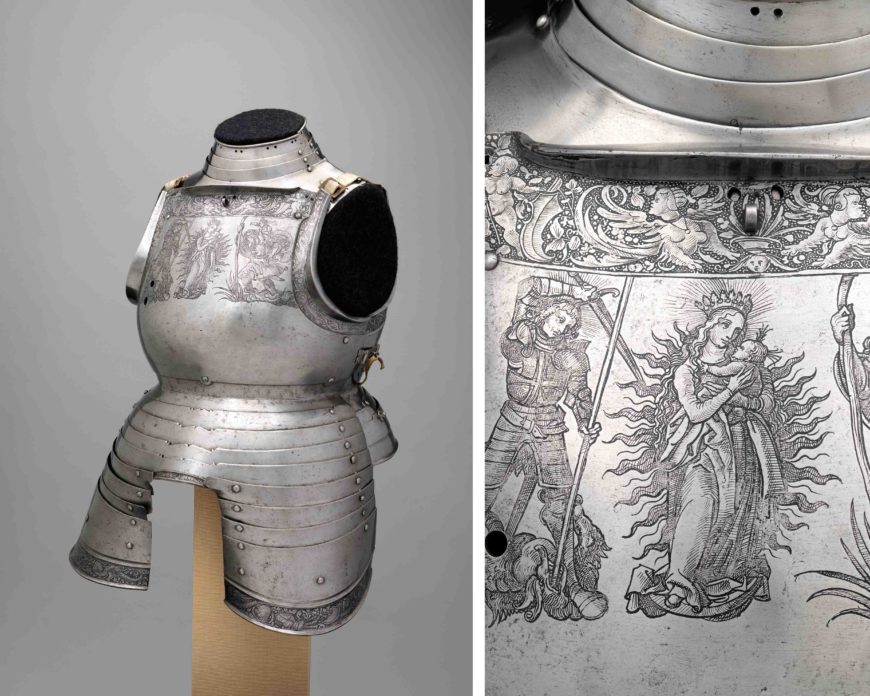 Attributed to Kolman Helmschmid, etching attributed to Daniel Hopfer, Cuirass and Tassets (Torso and Hip Defense), c. 1510–20, Steel, leather, 105.4 cm high (The Metropolitan Museum of Art)