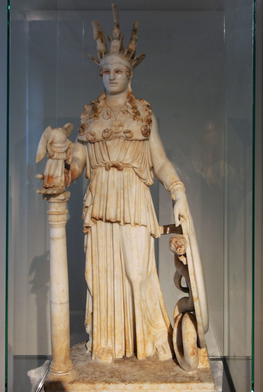 Phidias, Athena Pathenos, 447-32 B.C.E. (this is a 3rd c. C.E. copy known as Varvakeion found in Athens), National Archaeological Museum in Athens)