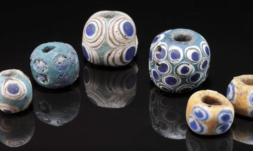 Beads with "dragonfly-eye" designs, soda-lime glass, Tomb of the Marquis Yi