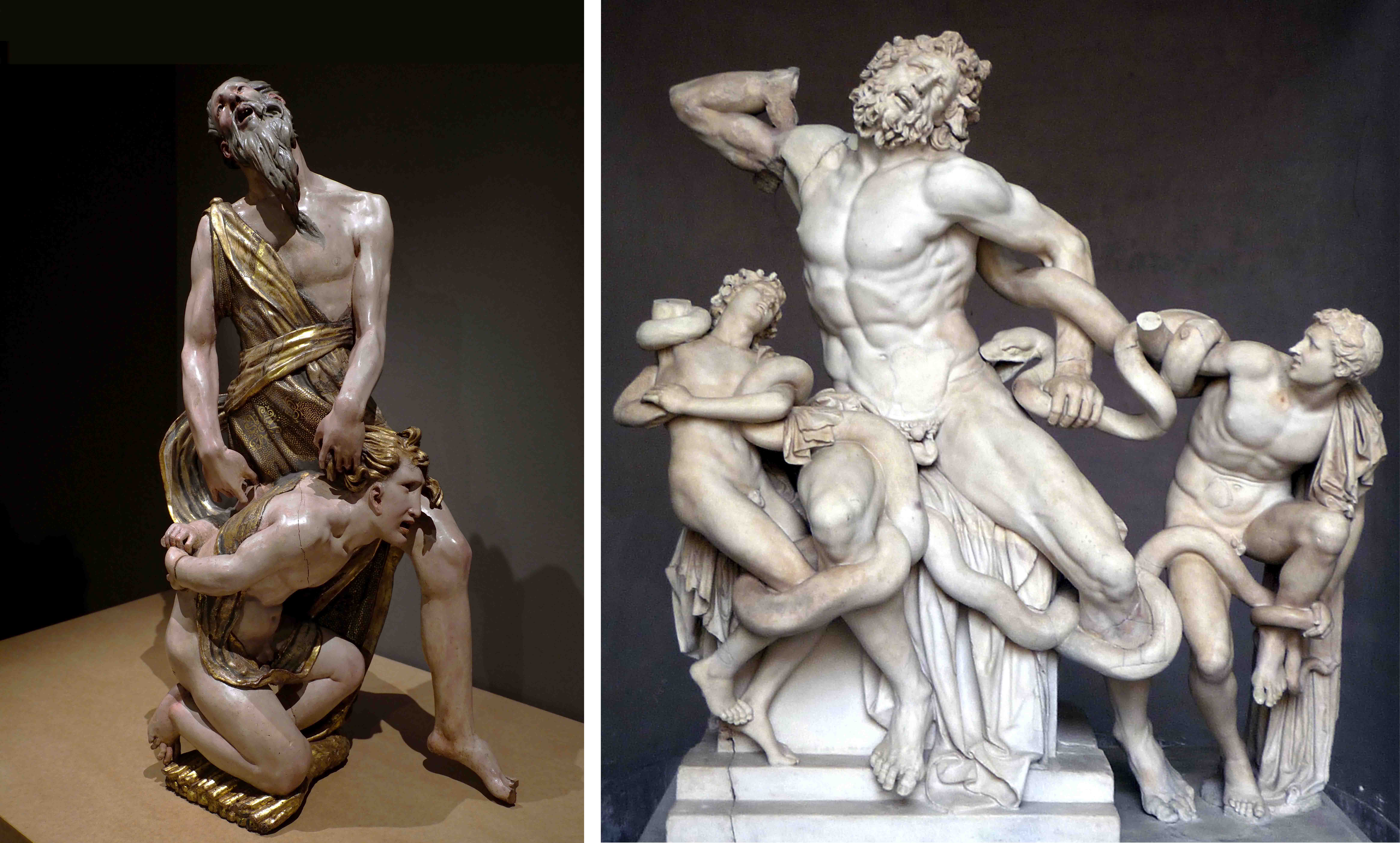 Left: Alonso Berruguete, Abraham and Isaac, 1526–1532, polychromed wood, (89 x 46 x 32 cm) (Museo Nacional de Escultura, Valladolid; photo: Iglesia en Valladolid, CC BY-SA 2.0); right: Athanadoros, Hagesandros, and Polydoros of Rhodes, Laocoön and his Sons, early first century C.E., marble, 7’10 1/2″ high (Vatican Museums' photo: Steven Zucker, CC BY-NC-SA 2.0)