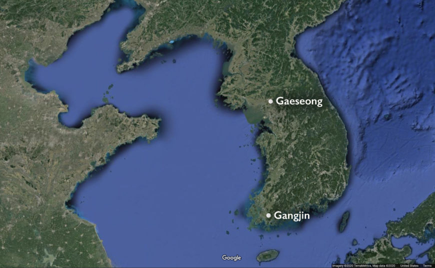Map of the Korean Peninsula showing Gaeseong and Gangjin (underlying map © Google)