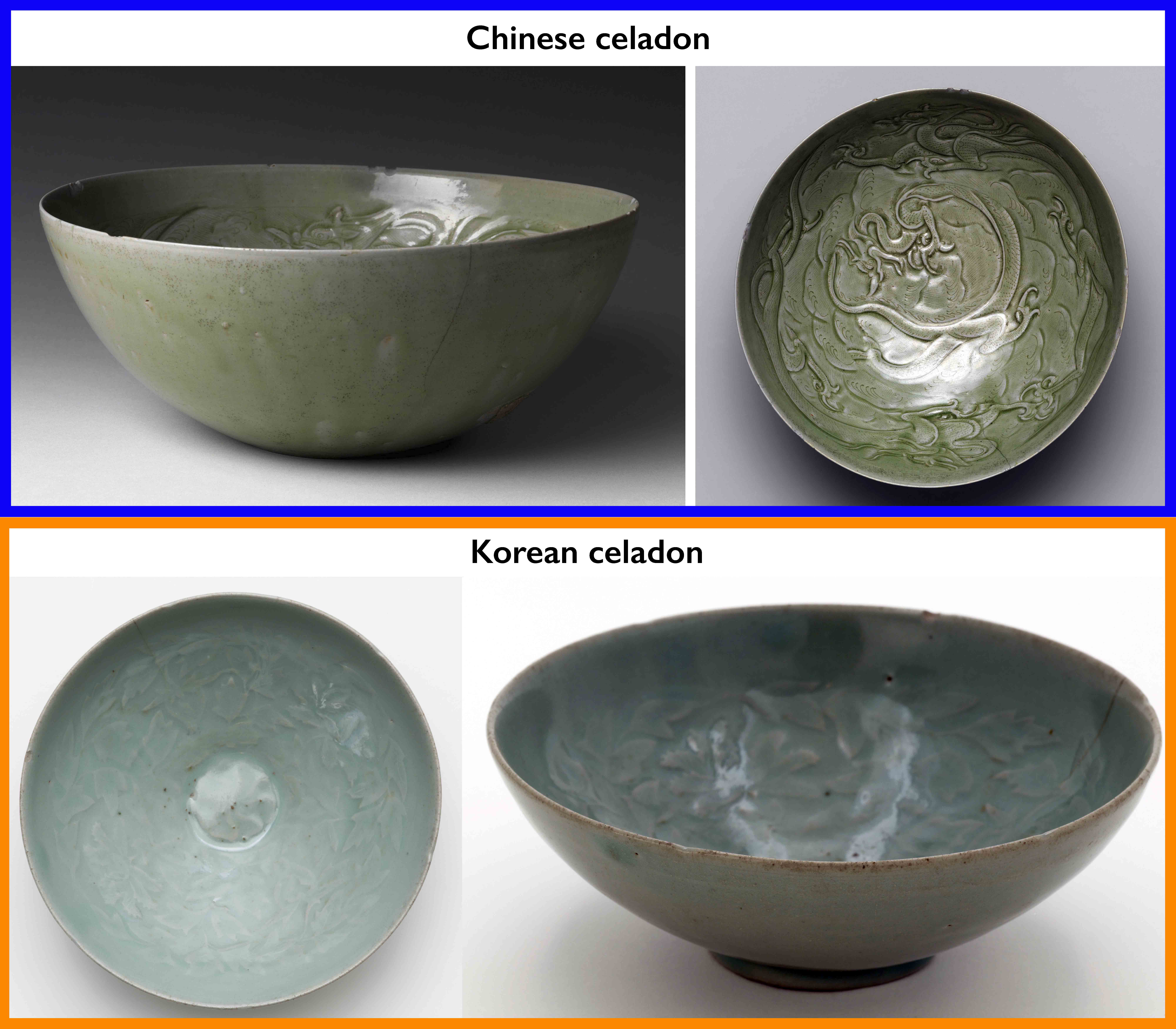 Top: Bowl with Dragons among Waves, China, Five Dynasties, 907–960, 10th century, Stoneware with incised decoration under celadon glaze, Mouth D. 27 cm (The Metropolitan Museum of Art); bottom: Bowl with molded decoration of peony blossoms, Korea, Goryeo Dynasty, 918–1392, mid-12th century, Stoneware with celadon glaze, H x W: 6.5 x 18.1 cm (National Museum of Asian Art)