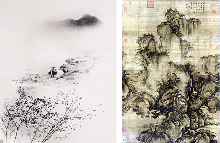Left:Long Chinsan, Riverside Spring, 1934, 43 x 35 cm, gelatin silver print (Taipei Fine Arts Museum); right: Guo Xi, Early Spring, 1072, hanging scroll, ink and light colors on silk, 158.3 x 108.1 cm (National Palace Museum)