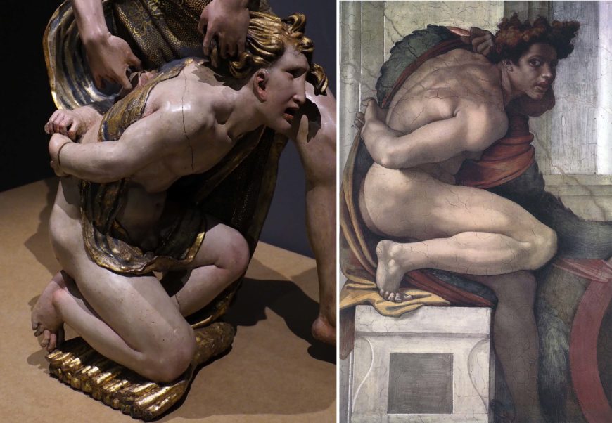 Left: Alonso Berruguete, Abraham and Isaac, 1526–1532, polychromed wood, 89 x 46 x 32 cm (Museo Nacional de Escultura, Valladolid; photo: Iglesia en Valladolid, CC BY-SA 2.0); right: Michelangelo, Ignudo, c. 1511, fresco, part of the Sistine Chapel ceiling (Vatican Museums)