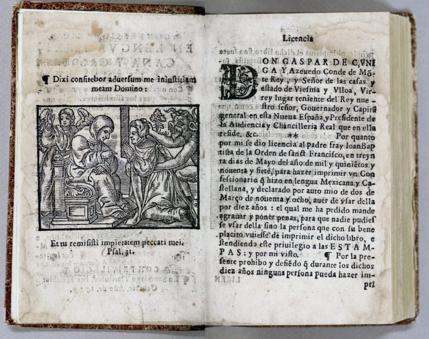 Books made in early colonial Mexico often stressed the importance of images in the process of converting Indigenous peoples. Juan Bautista, Confessionario en lengua mexicana y castellan [Preparation of the penitents in Nahuatl and Spanish] (Santiago Tlatelolco: Melchor Ocharte, 1599), 1v–2r.