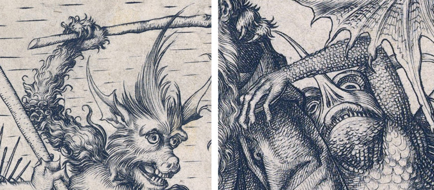 Martin Schongauer, details of Saint Anthony Tormented by Demons, c. 1475, engraving, 30.0 x 21.8 cm (The Metropolitan Museum of Art, New York)