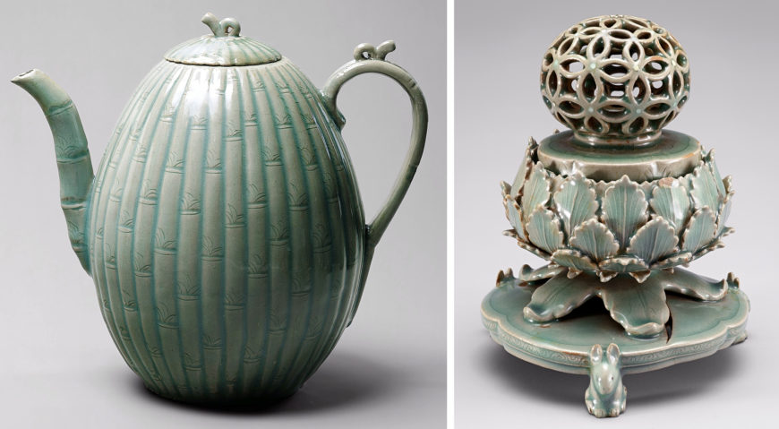 Left: Melon-shaped ewer with bamboo decoration, Korea, Goryeo Dynasty, 918–1392, first half of the 12th century, Stoneware with carved and incised design under celadon glaze, H. 21.6 cm, (The Metropolitan Museum of Art); right: Incense burner, Celadon with openwork geometric design, Korea, Goryeo Dynasty, 918–1392, 12th century, Stoneware with celadon glaze, H. 15.3 cm, (National Museum of Korea)