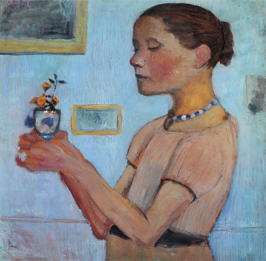 Paula Modersohn-Becker, Young girl with yellow flowers in the glass, c. 1902, 52 x 53 cm (Kunsthalle Bremen)