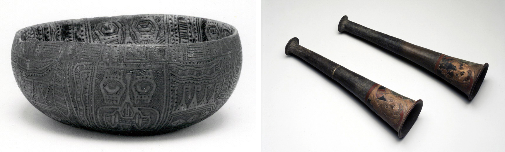 Left: Pyro-engraved gourd bowl, Paracas culture, 5th–4th century B.C.E., 6.4 × 15.2 × 14.6 cm (The Metropolitan Museum of Art); right, Pair of ceramic trumpets with post-fire paint, Paracas culture, 100 B.C.E. - 1 C.E., 29.1 x 7.9 x 7.9 cm and 30.2 x 8.3 x 8.3 cm (Brooklyn Museum) 