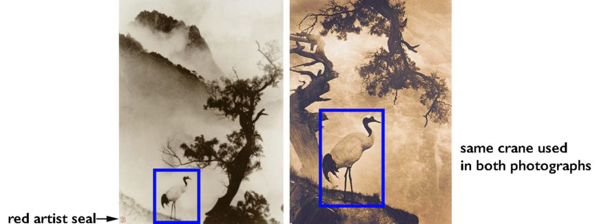 Left: Lang Jingshan, Symbol of Longevity, 1943, 38 x 28 cm, gelatin silver print (Taipei Fine Arts Museum) right: Lang Jingshan, Crane, 1945, 134 x 98 cm, C print (Taipei Fine Arts Museum)