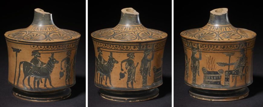 An oinochoe shows a sacrifice to Athena, a bull led to sacrifice at an altar, and Athena enthroned holding a libation bowl. Black-figure oinochoe attributed to the Gela Painter, c. 500-490 BCE (© The Trustees of the British Museum) 