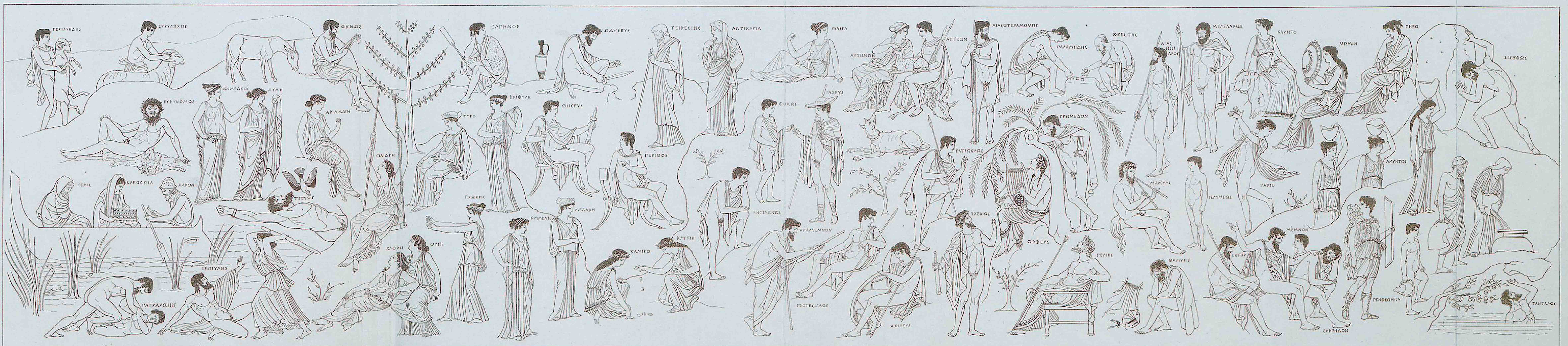 An 1892 reconstruction of the Polygnotus's Nekyia at Delphi reported by Pausanias, in Roert Carl, Hallisches Winckelmannsprogramm (Band 16): Die Nekyia des Polygnot (Halle a. S., 1892)