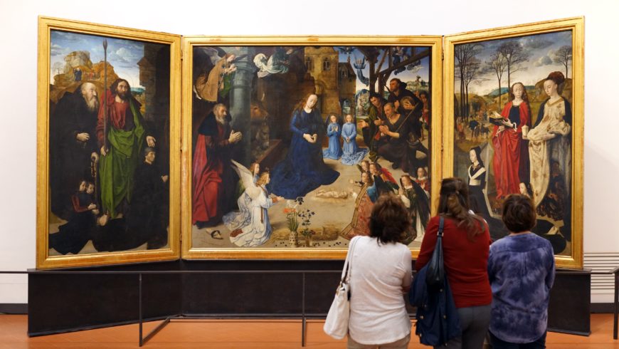 Hugo van der Goes, Retablo Portinari, panel central, c. 1476, óleo sobre madera, 274 x 652 cm cuando está abierto (Uffizi)