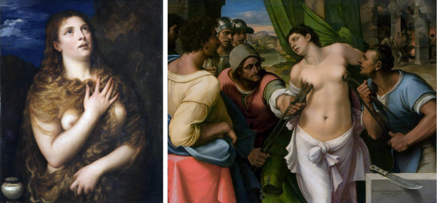 Izquierda: Tiziano, La Magdalena Penitente, c. 1531-35, óleo sobre lienzo, 85.8 x 69.5 cm (Palazzo Pitti, Florencia) l; derecha: Sebastiano del Piombo, Martirio de Santa Ágata, 1520, óleo sobre madera, 132 x 178 cm (Galerías Uffizi)