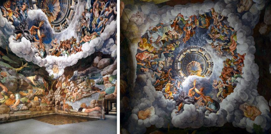Left: Giulio Romano, Wall of the Sala dei Giganti, 1528–30, Palazzo Te, Mantua (photo: Web Gallery of Art); right: Giulio Romano, Ceiling of the Sala dei Giganti, 1528–30, Palazzo Te, Mantua (photo: Livioandronico2013, CC BY-SA 4.0)
