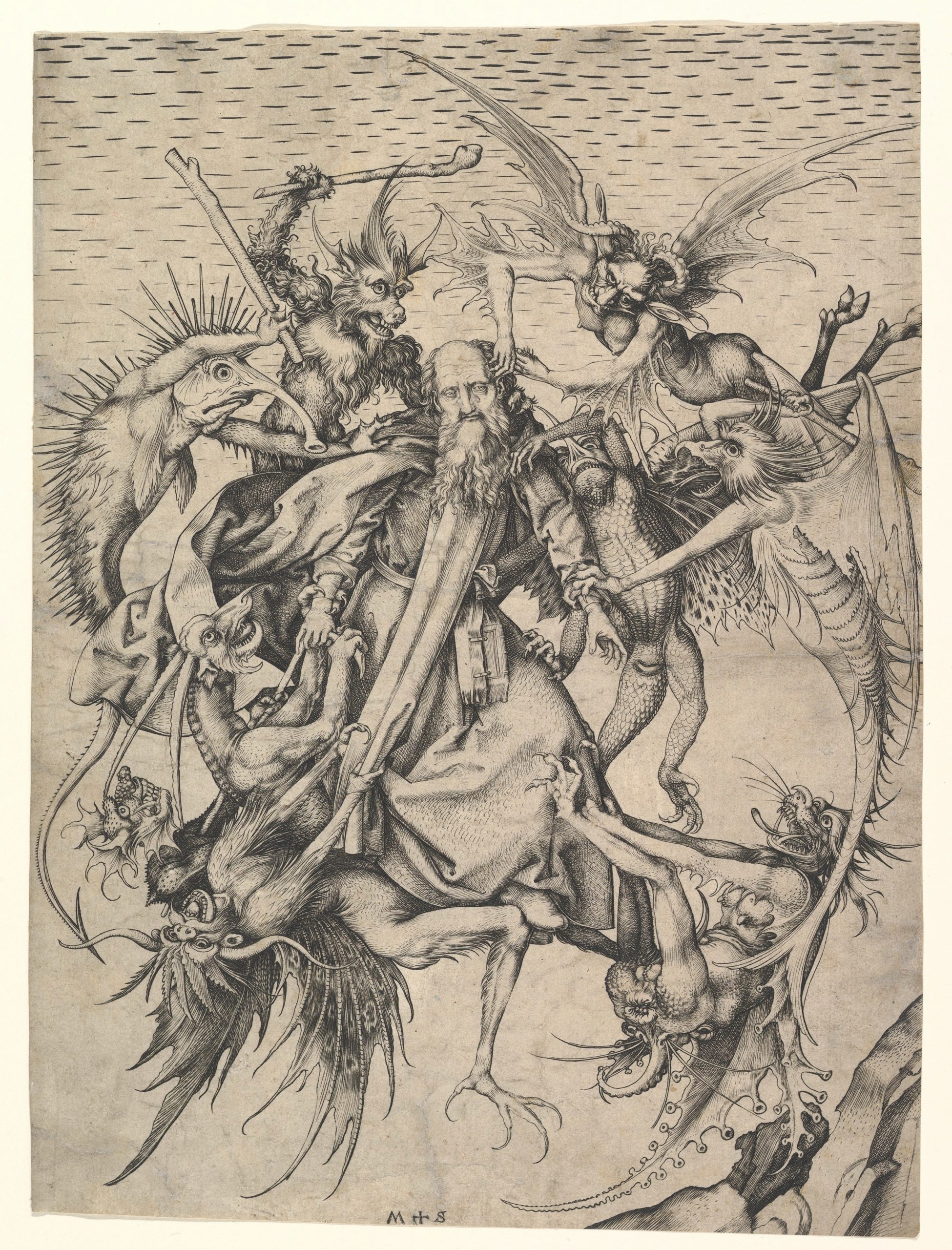 Martin Schongauer, Saint Anthony Tormented by Demons, c. 1475, engraving, 30.0 x 21.8 cm (The Metropolitan Museum of Art)