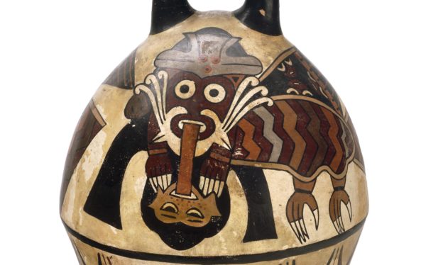 Double spout-and-bridge vessel depicting a head-tasting bird deity, Nasca, 100 B.C.E. - 600 C.E., ceramic (British Museum, London, CC BY-NC-SA 4.0)