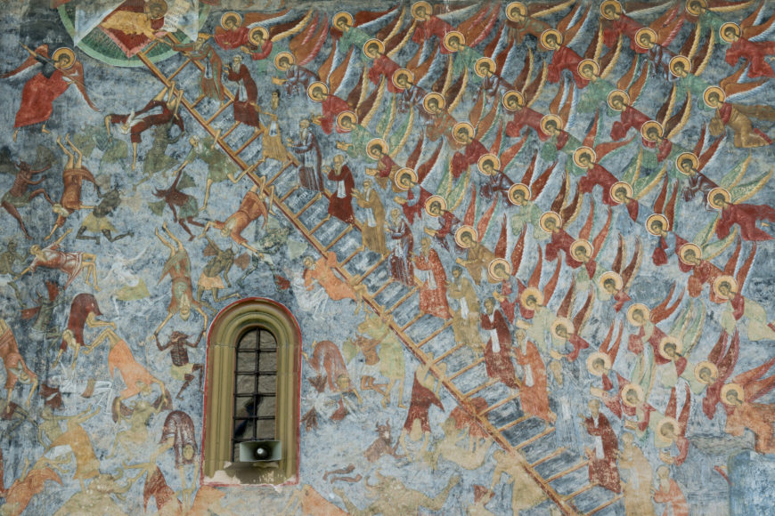 Detail of frescos on exterior of Sucevița Monastery church (photo: <a href="https://flic.kr/p/22fV8BM" target="_blank" rel="noopener noreferrer">Alex Berger</a>, CC BY-NC 2.0)