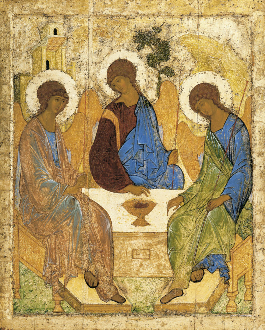 Andrei Rublev, The Trinity, c. 1410 or 1425–27, tempera on wood, 142 × 114 cm (Tretyakov Gallery, Moscow)