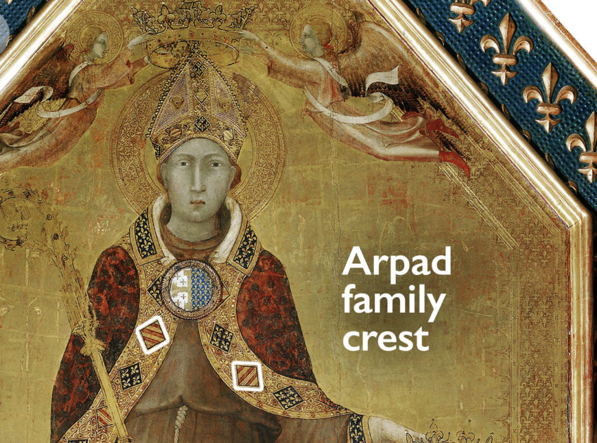 Simone Martini, detail of Arpad family crest, Saint Louis of Toulouse, c. 1317, tempera, gold, and gems (lost) on panel, 121.6 × 74.2 inches (Museo Nazionale di Capodimonte, Naples)