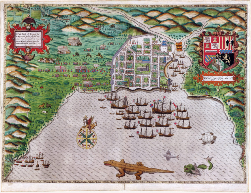 Giovanni Battista Boazio, Vista de Santo Domingo, 1589, grabado coloreado a mano, publicado en Leiden (Colección Jay I. Kislak División de Libros Raros y Colecciones Especiales, Biblioteca del Congreso)