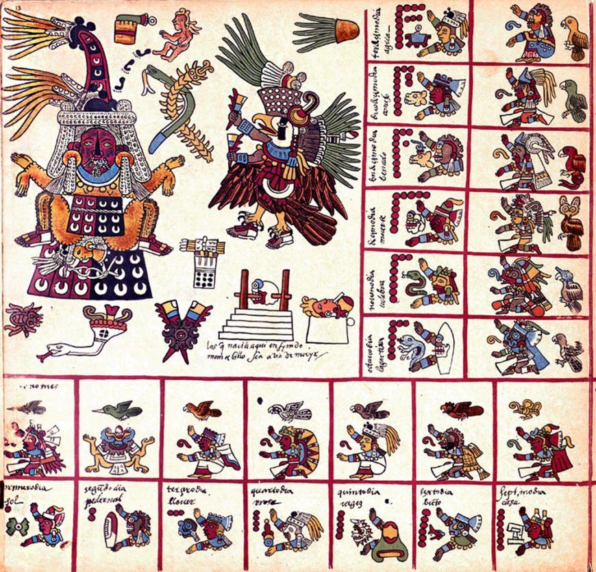 This page from an almanac in the Codex Borbonicus represents a 13-day period from the 260-day calendar used for divination in the Mesoamerican world. Codex Borbonicus, p. 13, Early sixteenth century, paint on amate bark paper (Bibliothèque de l'Assemblée Nationale)