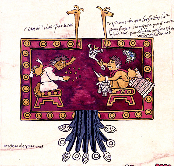 Detail of Oxomoco and Cipactonal, Codex Borbonicus, p. 21, early 16th century, paint on amate bark paper (Bibliothèque de l'Assemblée Nationale)
