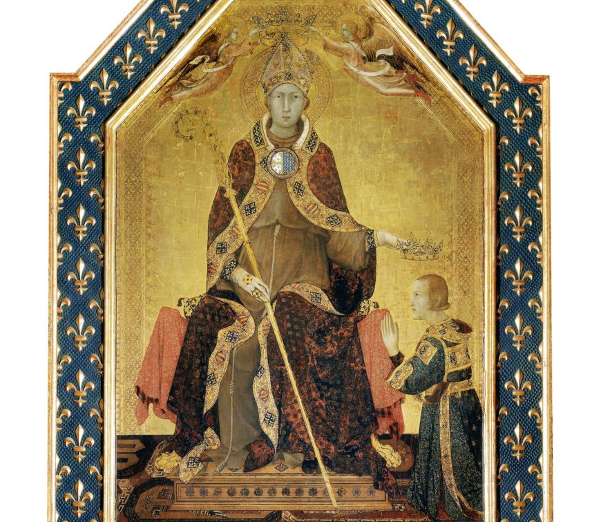 Simone Martini, detail of Saint Louis of Toulouse, c. 1317, tempera, gold, and gems (lost) on panel, 121.6 × 74.2 inches (Museo Nazionale di Capodimonte, Naples)