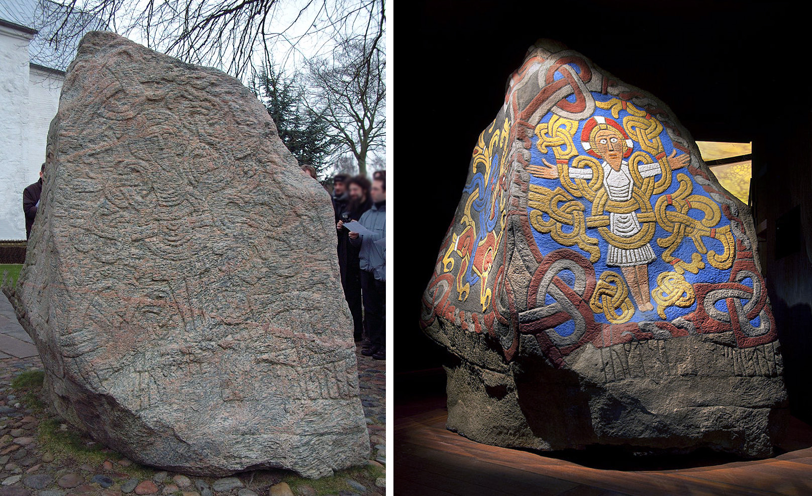 Jelling stone with traits of the Mammen style, 970 and circa 986, raised by King Bluetooth. Left: side A showing Christ bound in tendrils (photo: Caiospeia, CC BY-SA 2.0); right: side A with reconstruction of original polychromy (National Museum of Denmark)