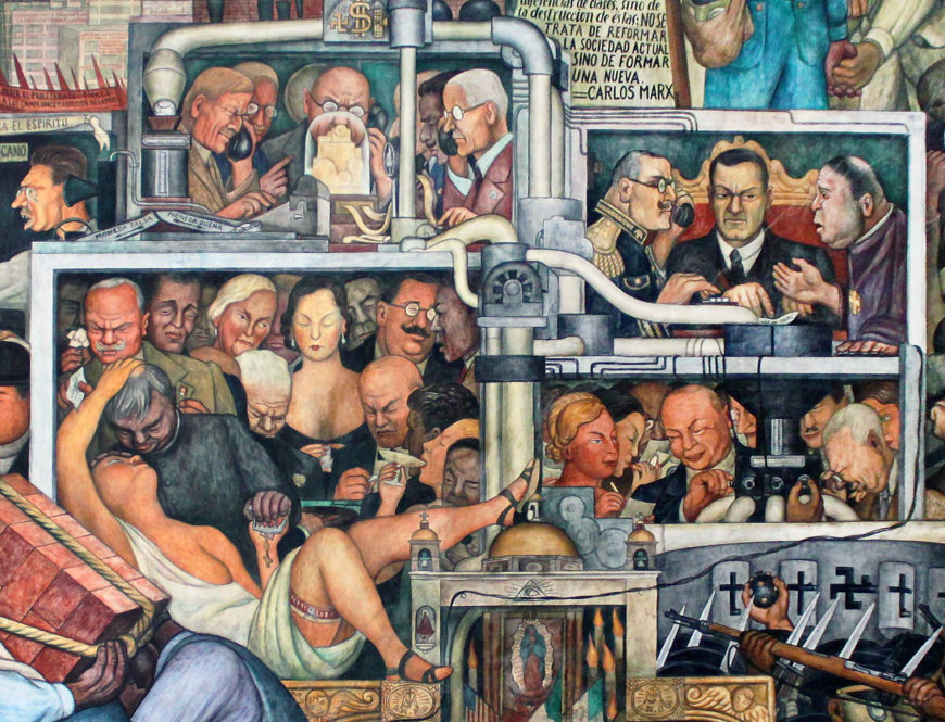 Negative social forces—showing capitalist corruption and greed (detail), Diego Rivera, “Mexico Today and Tomorrow,” History of Mexico murals, 1935, fresco, Palacio Nacional, Mexico City (photo: Carlos Villarreal, CC BY-NC 2.0)