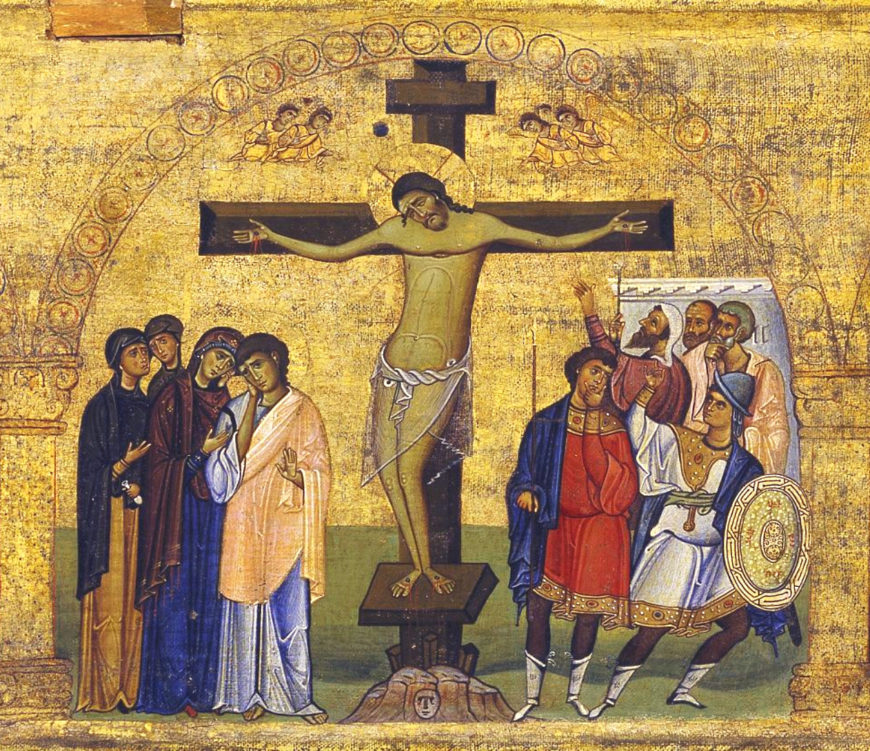 Crucifixion from templon beam with twelve feast scenes, 12th century, Cyprus or Sinai, tempera and gold over fine textile ground on panel, 44.1 x 118.3 x 3.1 cm (The Holy Monastery of Saint Catherine, Sinai, Egypt)