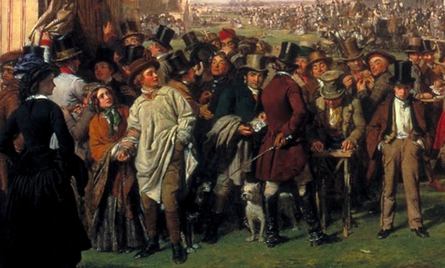 Left side (detail), William Powell Frith, The Derby Day, detail of the scene around the thimble rigger, 1856–8, oil on canvas, 101.6 × 223.5 cm (Tate Britain)